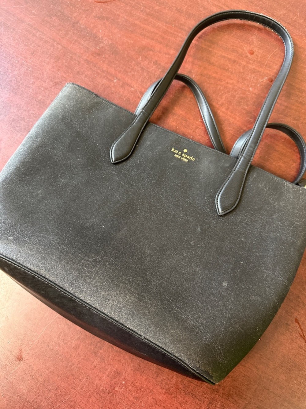 ##122, Kate spade Black Leather Tote with Gold Logo